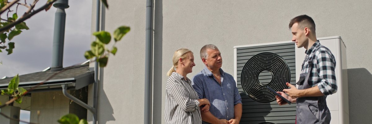 A technician uses a tablet to demonstrate heat pump features to a couple outdoors.