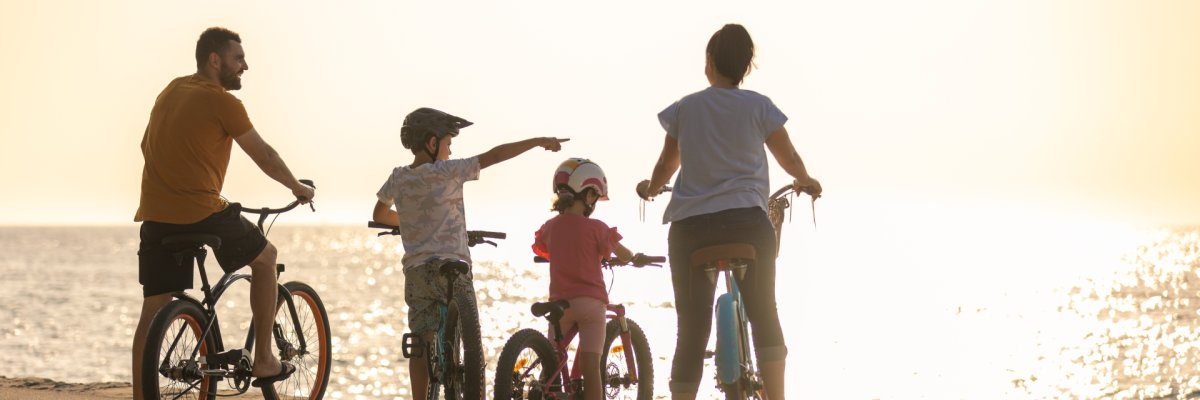 Family on bicycles enjoying the sunset on a seashore, rear view Family on bicycles enjoying the sunset on a seashore, rear view